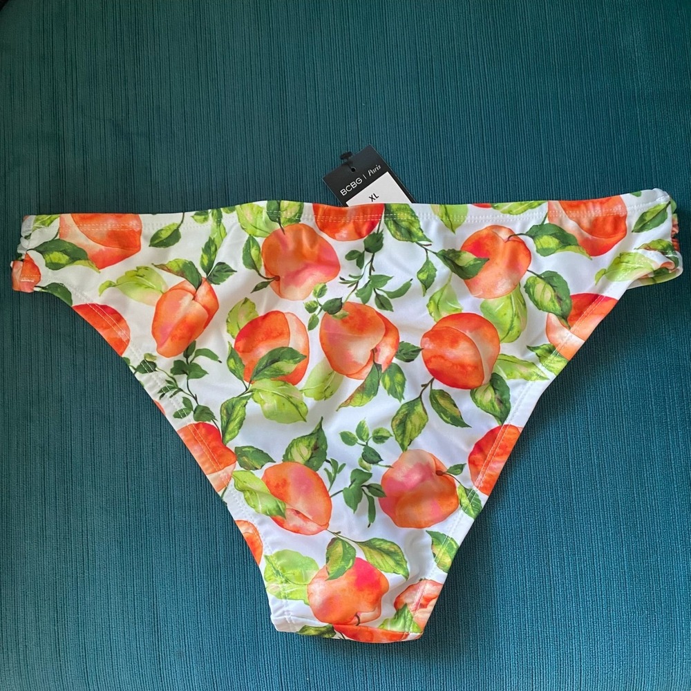 BCBG Women's Rusched Tab Peach Print Bikini Swim Bottom Size XXL - NWT - Picture 6 of 6